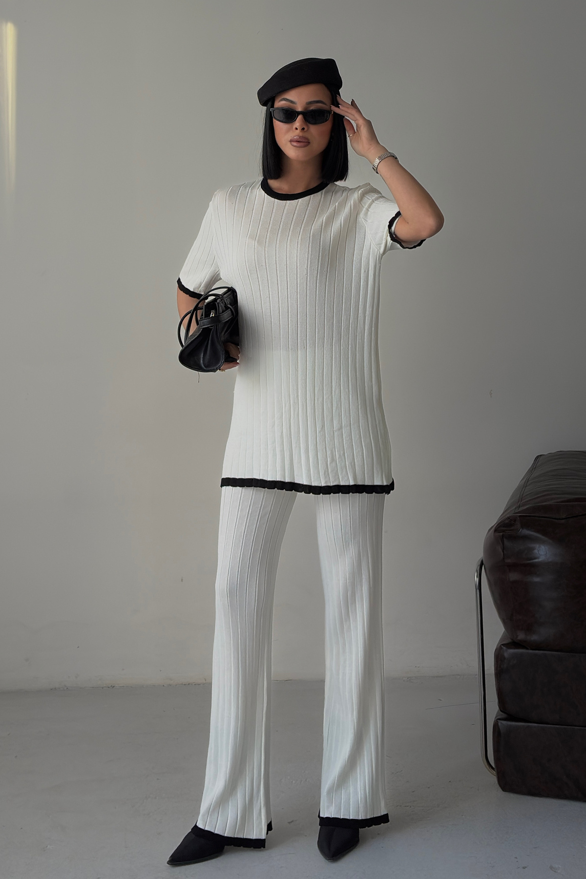 Ecru Dex Knitted Tshirt Pants 2pcs Set 9927