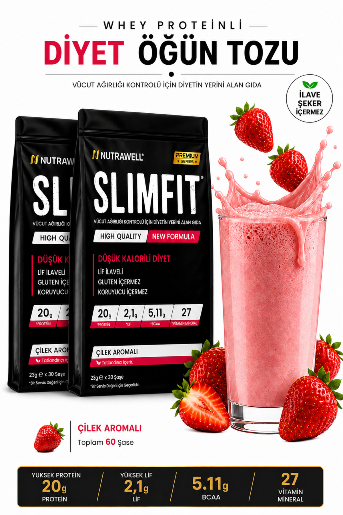 Nutrawell Slimfit Çilek Aromalı 2 Kutu -60 Öğün Tozu Shake