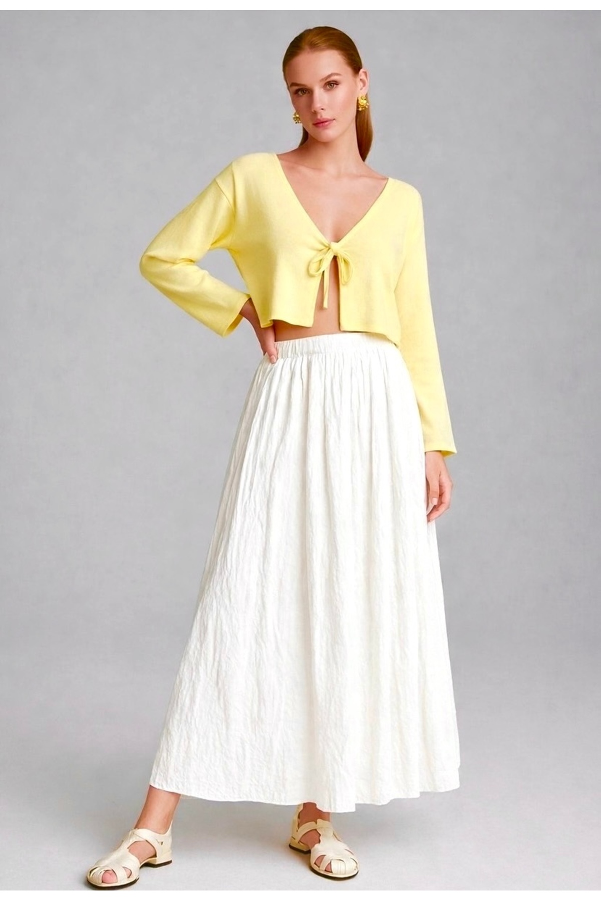 Kahra Collection  Kırık Beyaz Vual Kumaş Kırışık Uzun Astarlı Crush Etek - Görsel 2