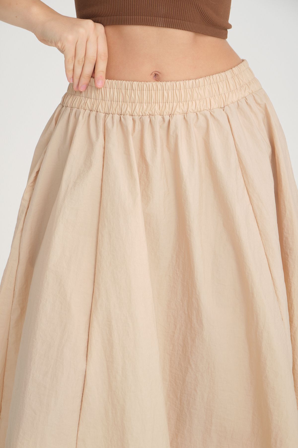 İLKCET MODA  Paraşüt Kumaş Bej Bol Kesim Kadın Etek - Görsel 7