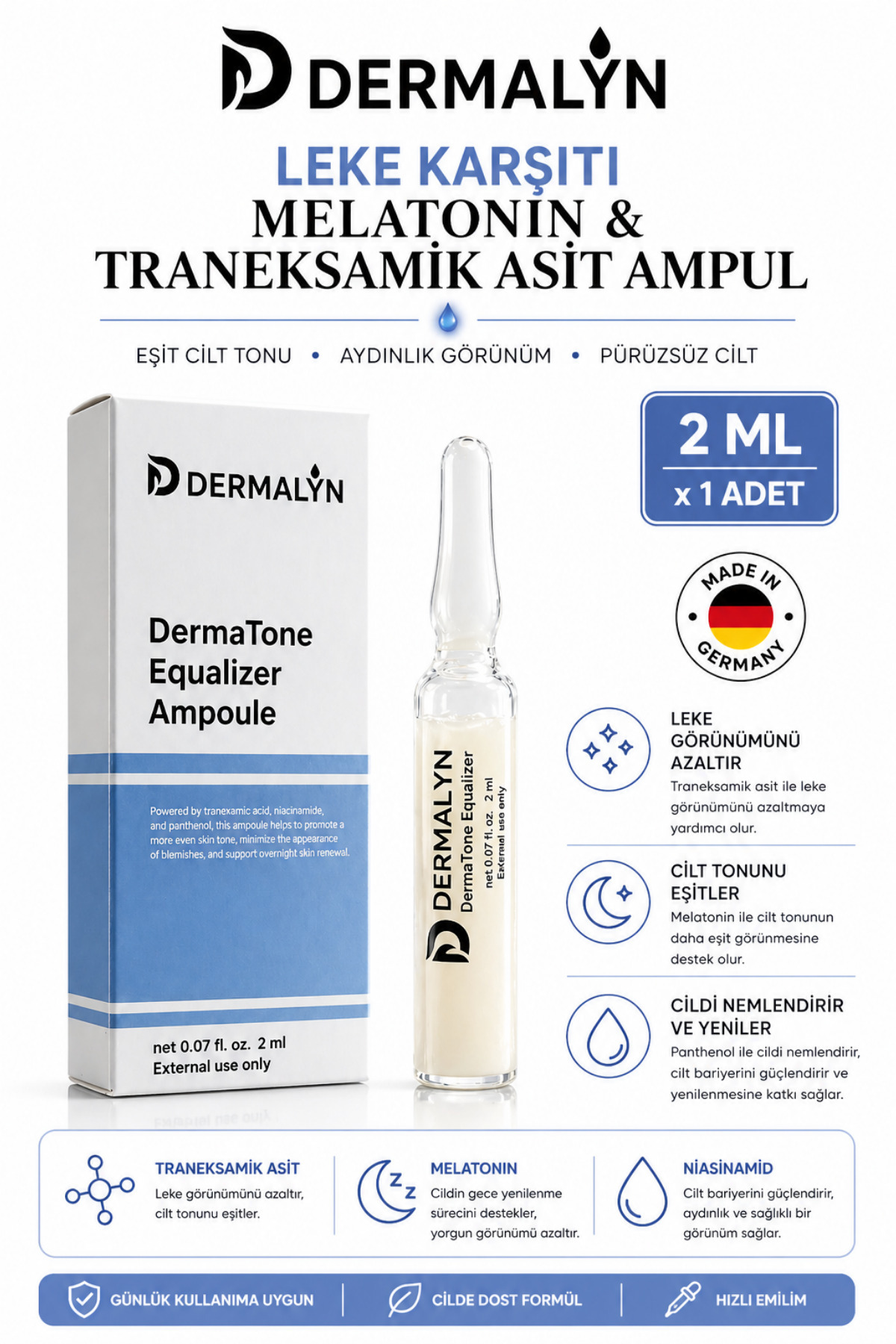 ۱ آمپول روشن کننده پوست ضد لک حاوی ملاتونین و ترانگزامیک اسید، سرم درمارولر — DERMATONE-1