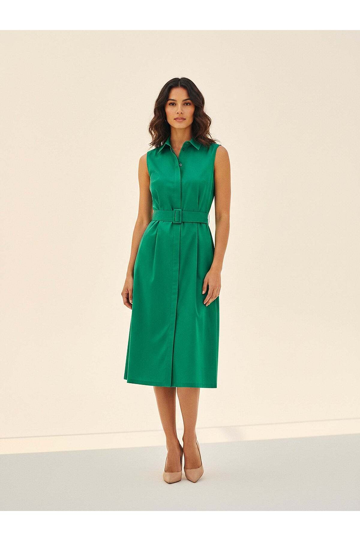 Women's Green Sleeveless Shirt Dress – Summer Straight Cut, Cool Holder | Frn Line
