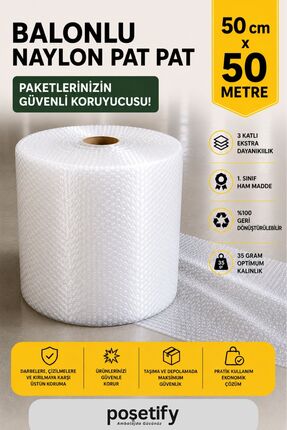 POŞETİFY 50 cm x 50 m Balonlu Naylon Patpat | 1. sınıf | 3 Katlı | 25 m2 | 35...