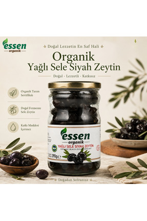 Essen Organik Organik Yağlı Sele Süper Siyah Zeytin Iri Boy 390 gr