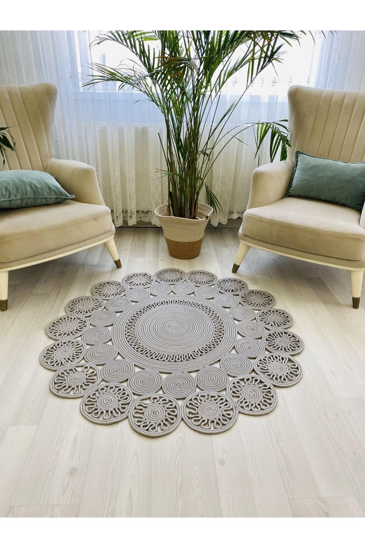 jute Wicker Look Patterned Modern Handmade Circle Carpet Rug