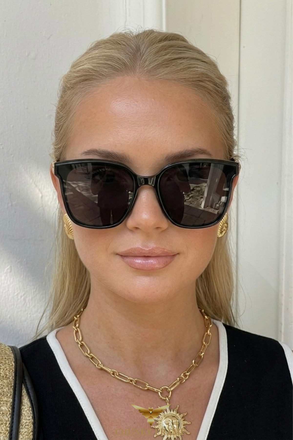 Chunky Frame Echo Siyah Metal Zincir Sap Yeni Sezon Kadın Güneş Gözlüğü görsel 2