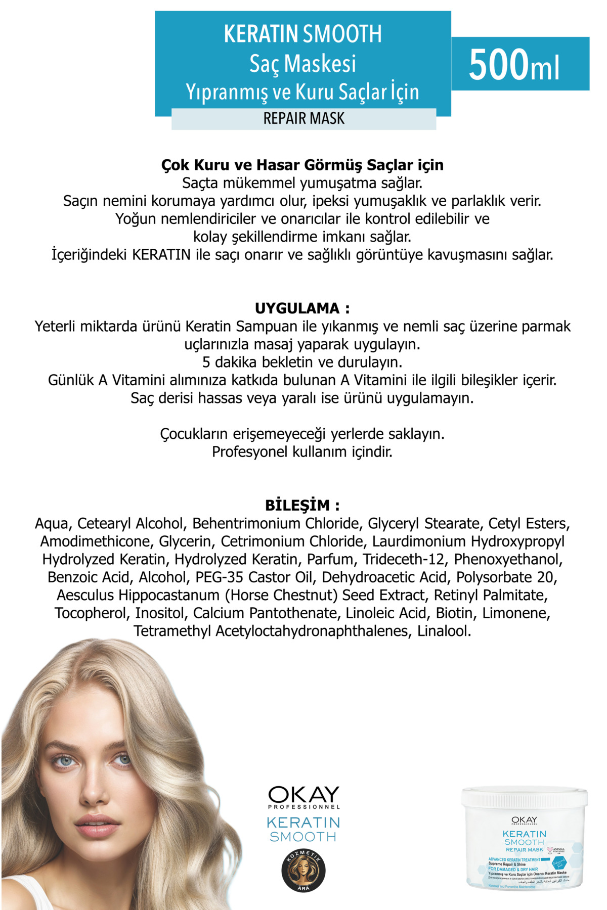 Keratin Smooth Onarıcı Maske 500 ml X 2 Adet — OKY142855 — تصویر 3 از 3