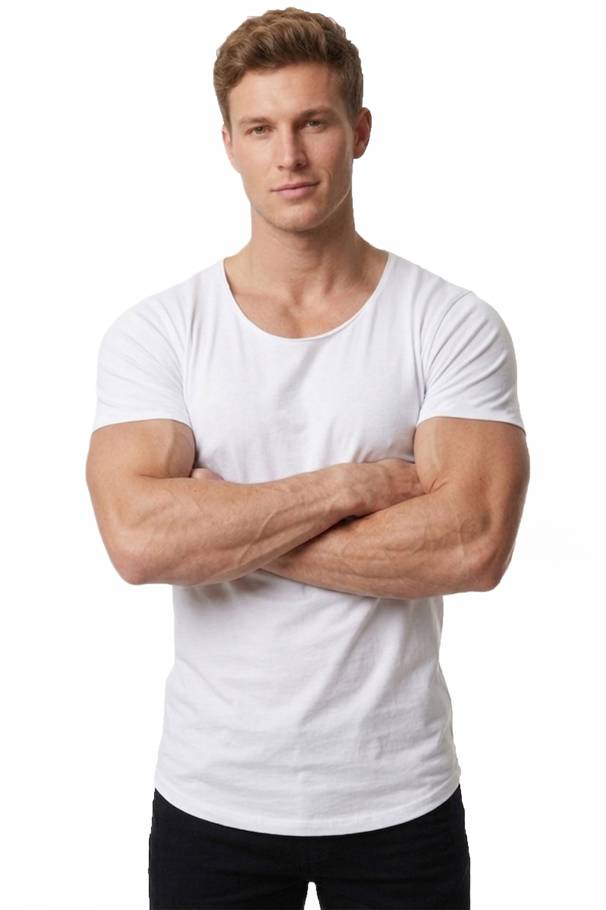 DeepSEA Erkek Beyaz Slim Fit %90 Pamuk Açık Yaka Oval Kesim Likralı Basic Tişört 1801199 görsel 2