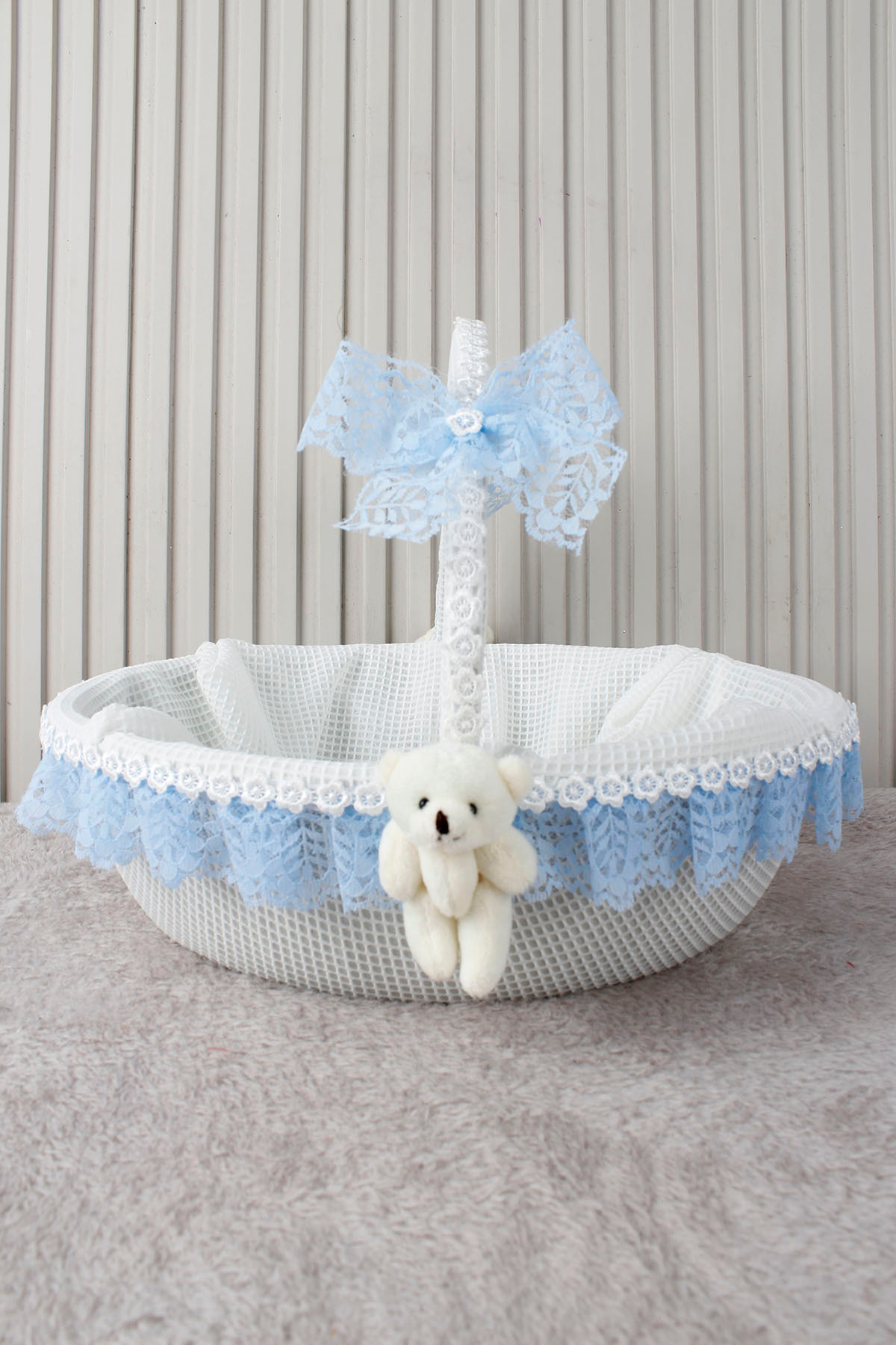 Baby Blue Lace Teddy Bear Baby Basket - Baby Shower, Newborn, Mevlüt, Forty Fly, Gift