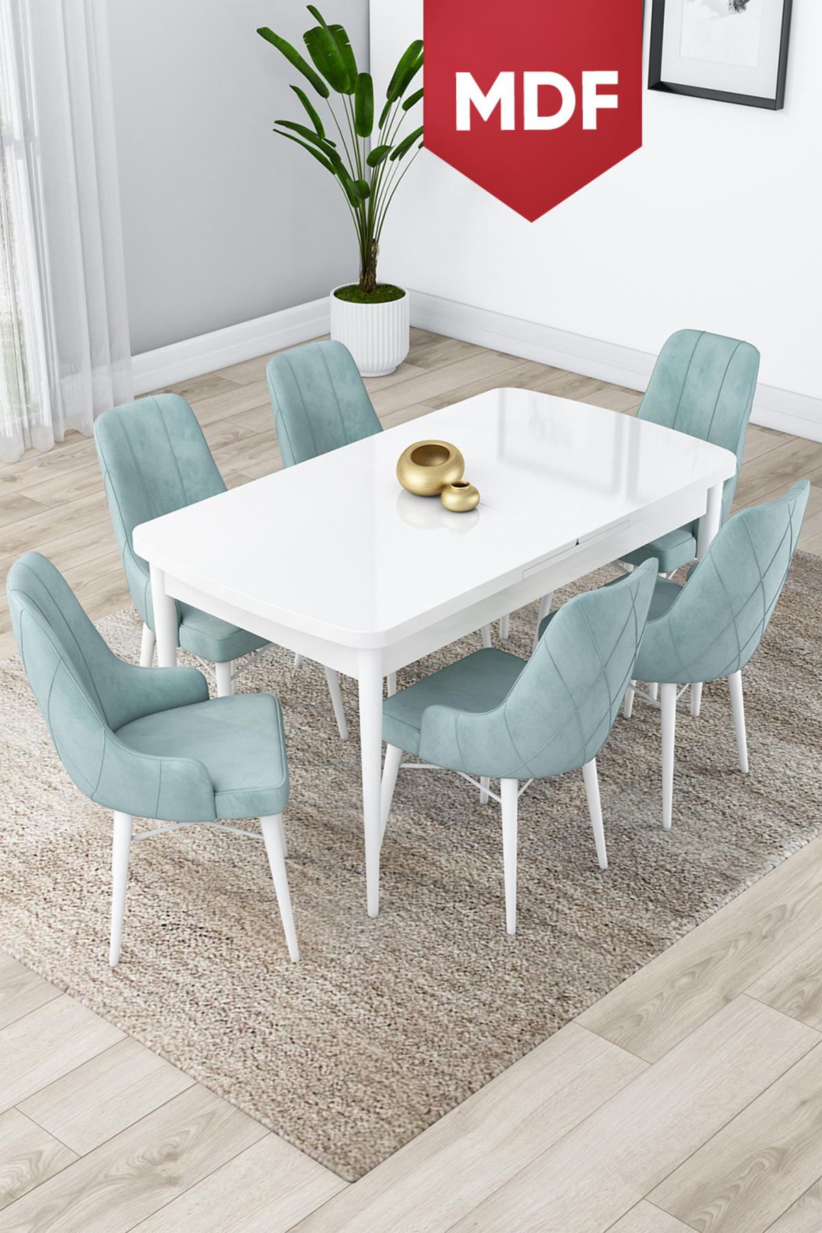 Lia Series 80x132 MDF Retractable Kitchen Table Set White Table 6 Water Green Chairs