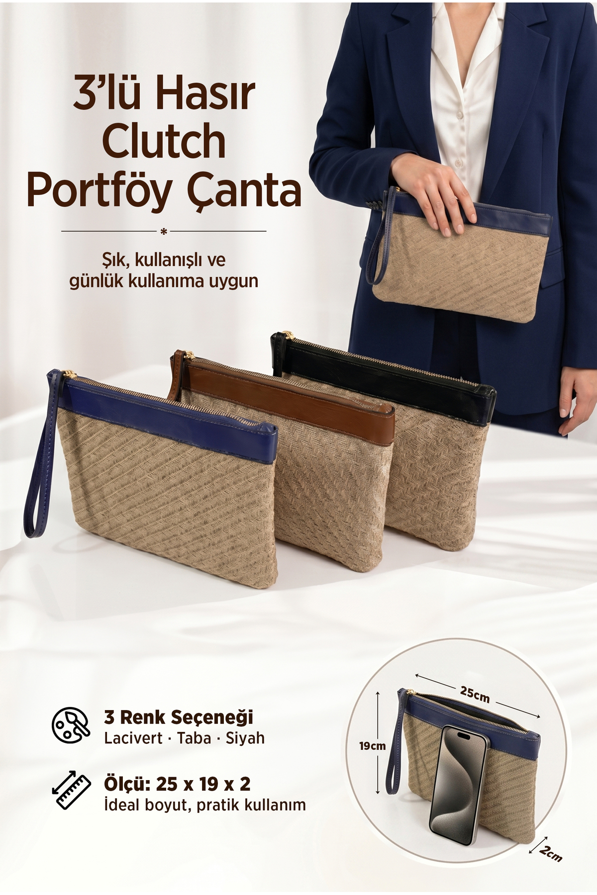 GLONDY Jolie 3'lü Hasır Örgü Avantaj Seti - Kadın Portföy, Clutch ve Yazlık Tatil Çantası görsel 2