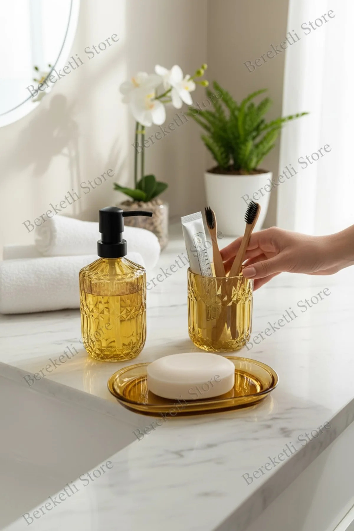 Çizgili Cam Banyo Seti | Sıvı Sabunluk, Diş Fırçalık ve Sabunluk | Şık & Modern Tezgâh Üstü Set
