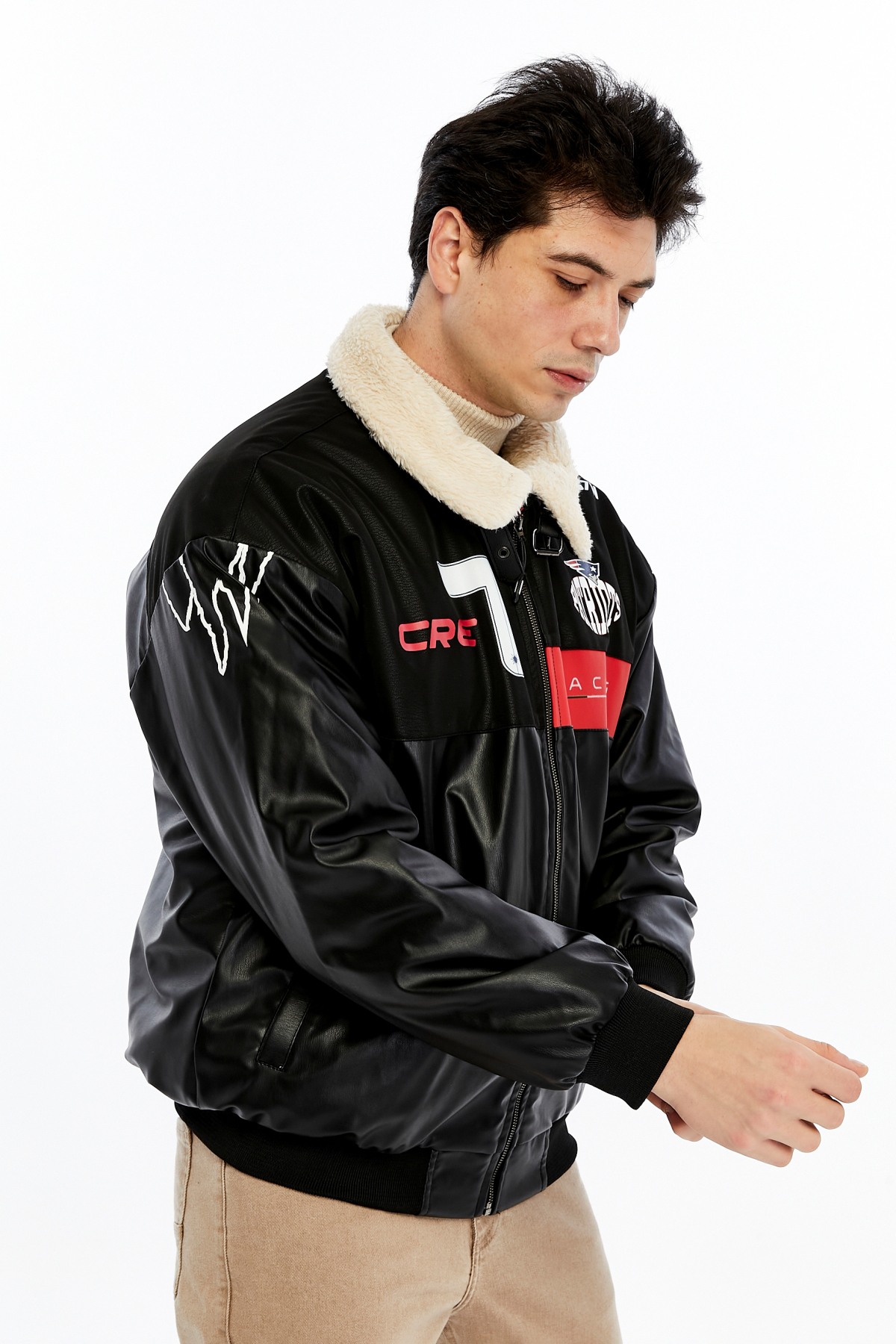 Unisex Oversize Fermuarlı Mont İç Kürklü – Siyah Şeritli Streetwear Trend — مشکی 38020K — تصویر 5 از 8