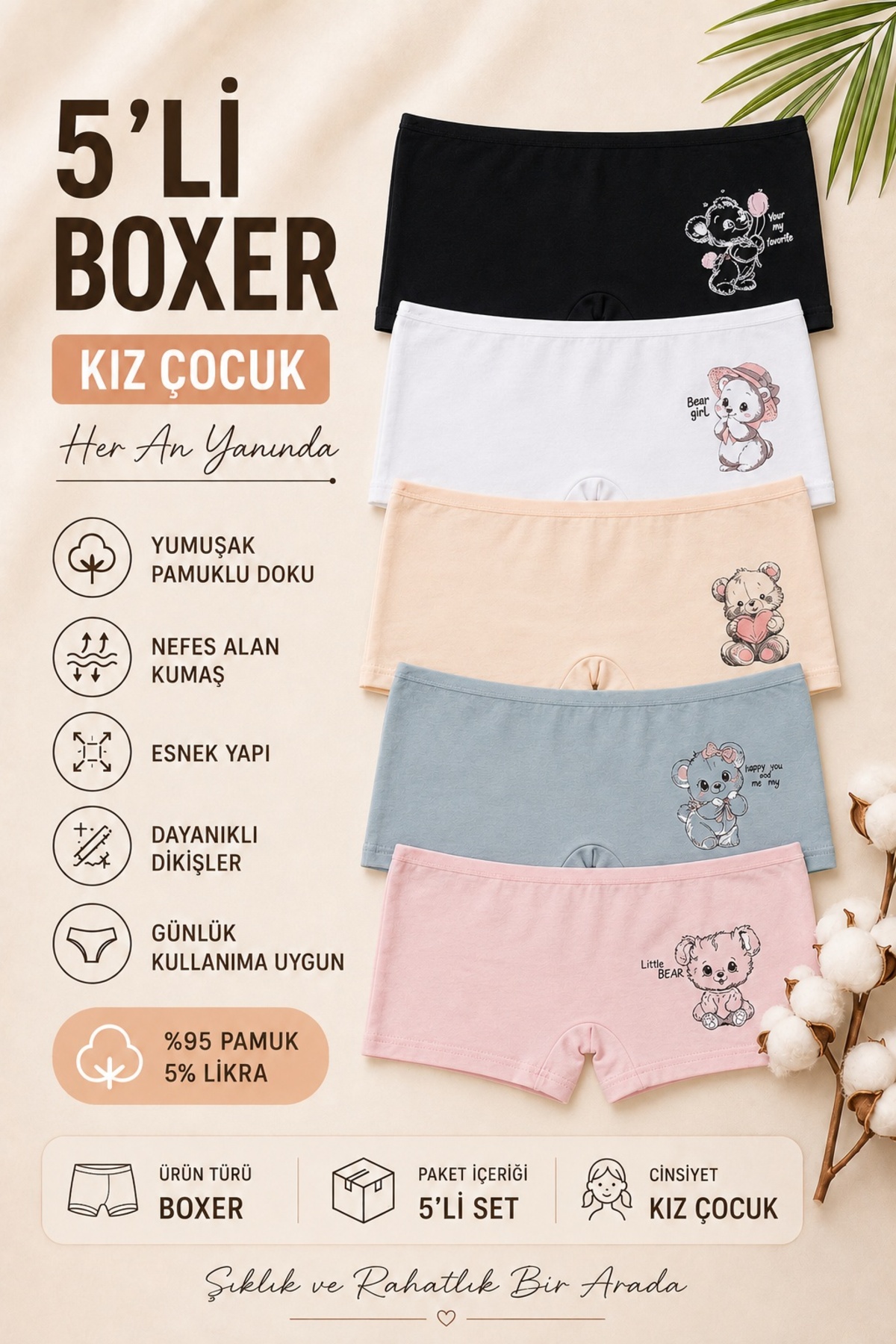 Girl Boxer Briefs 5pcs Pack Cotton Lycra Printed
