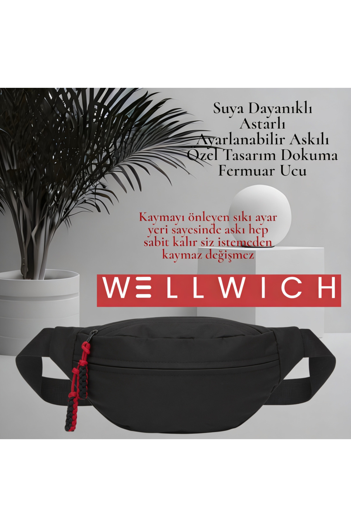 wellwich Siyah Çapraz Çanta-Siyah Kırmızı Örgü Uçlu- Bel Çantası Spor Çantası Ultra Hafif Suya Dayanıklı