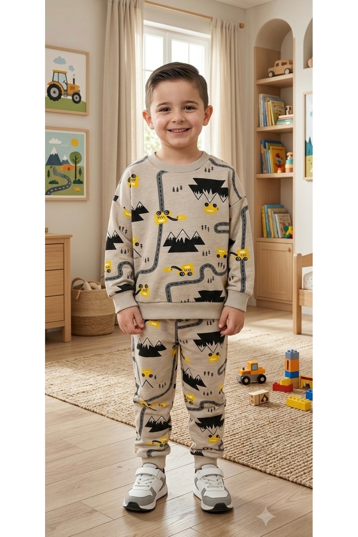 ALİŞ KİDS Brushed Inside Milk Coffee Road Car Patterned Long Sleeve Pajama Set for Boys