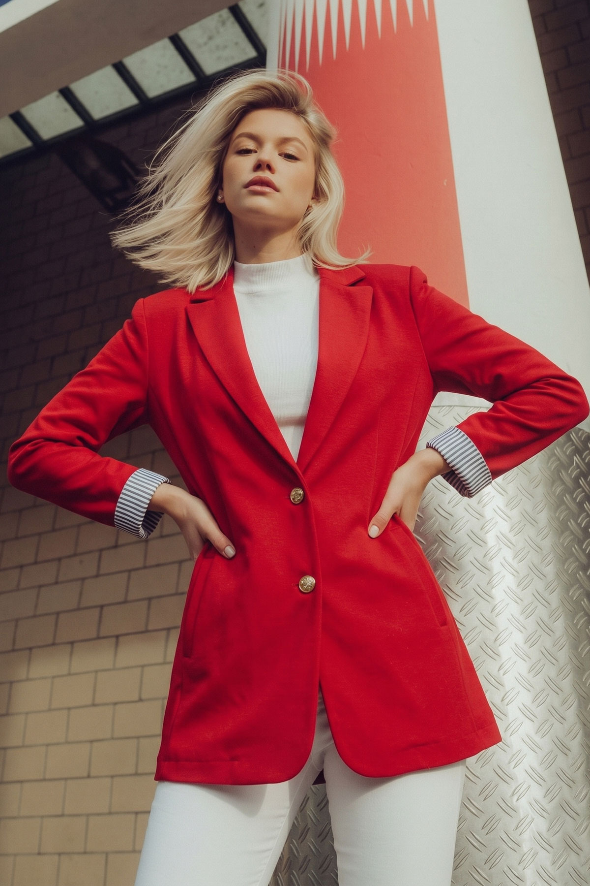 armonika Women's Red Double-Breasted Collar Sleeve Fold Detailed Oversize Padded Blazer Jacket Arm-25K 001015
