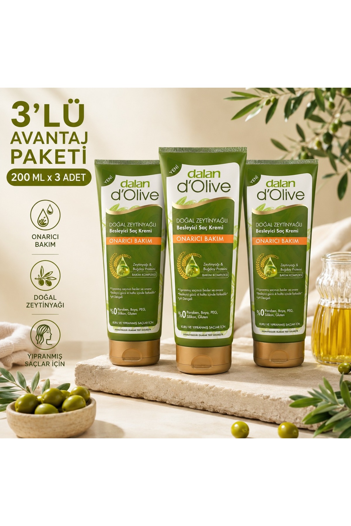 Dalan دالان نرمکننده موی ترمیمکننده روغن زیتون دیاولیو، 200 میلیلیتر، 3 بسته — cream4