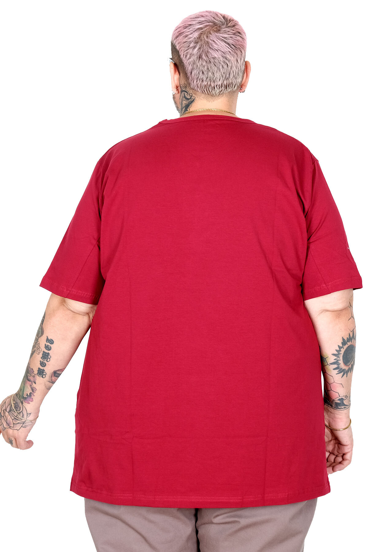 ModeXL Büyük Beden Erkek Tişört Likralı V Yaka 20150 Bordo görsel 4