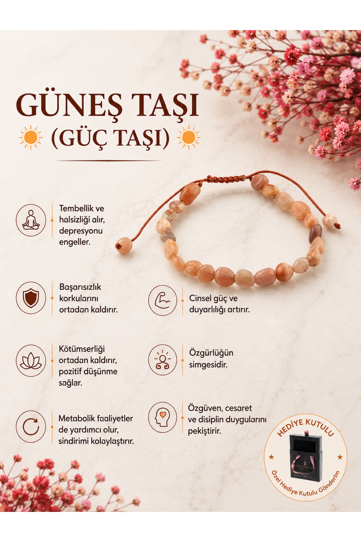 OSMANLI DOĞAL TAŞ Orijinal & Sertifikalı Güneş Taşı Gerçek Doğal Taş Kutulu El Yapımı Güneş Güç Taşı Kadın Bileklik