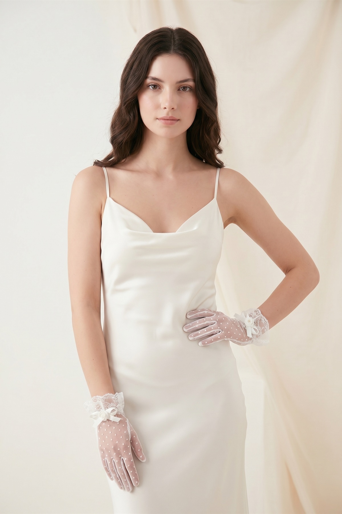 Elegance Scarf Kısa Puantiyeli Tül Dantelli Gelin Eldiveni Beyaz Nikah Gelinlik Düğün Abiye Davet Söz Kına görsel 8