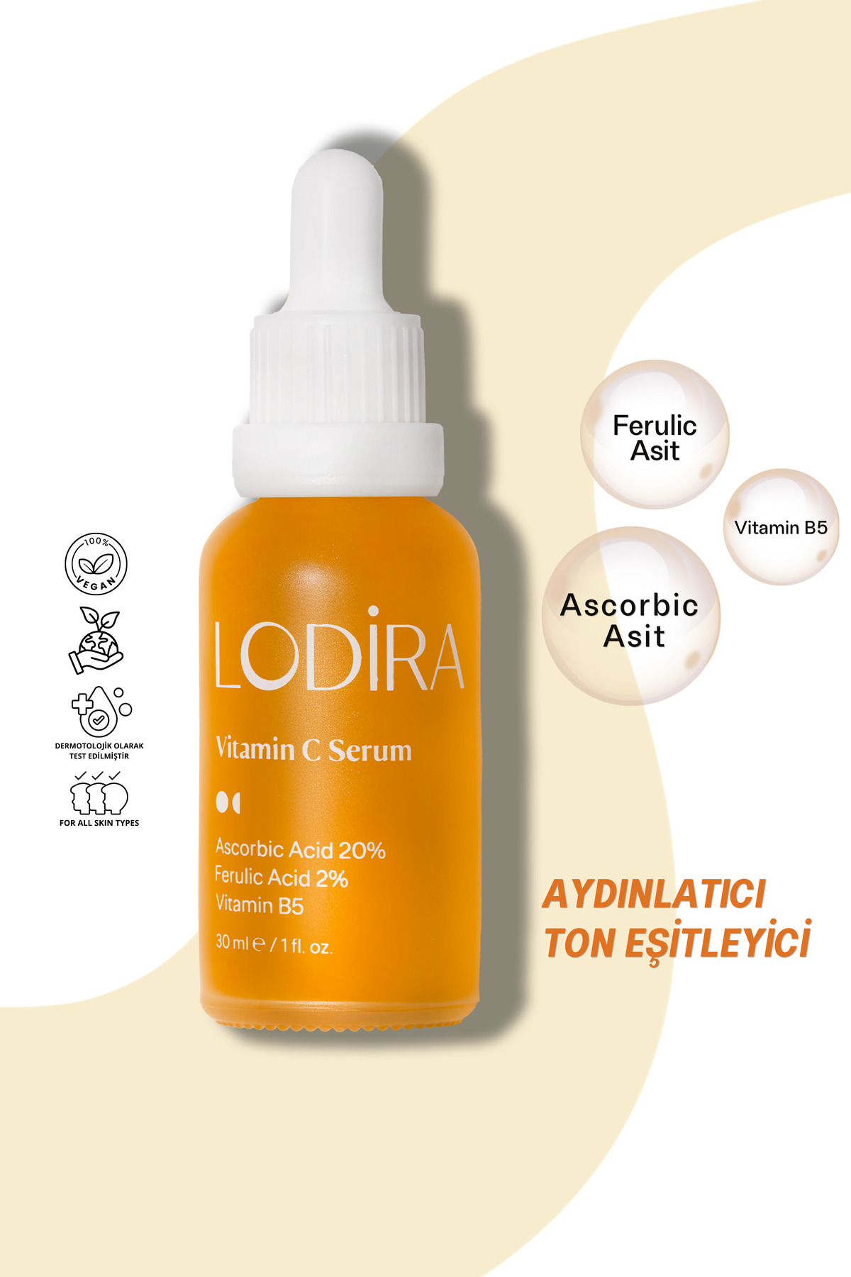 Lodira Cosmetic Ton Eşitleyici ve Aydınlatıcı Vitamin C Serum Ascorbic Asit, Ferulic Asit, Niacinamide 30 ml — LDR-004