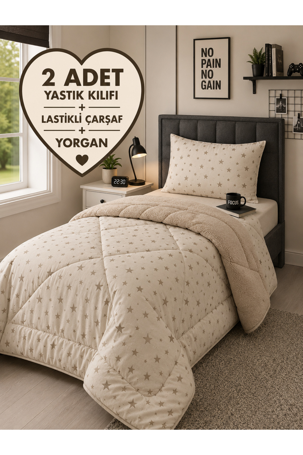Single Welsoft Pufidic Bedding Set (Fitted Bedsheet) Beige Star