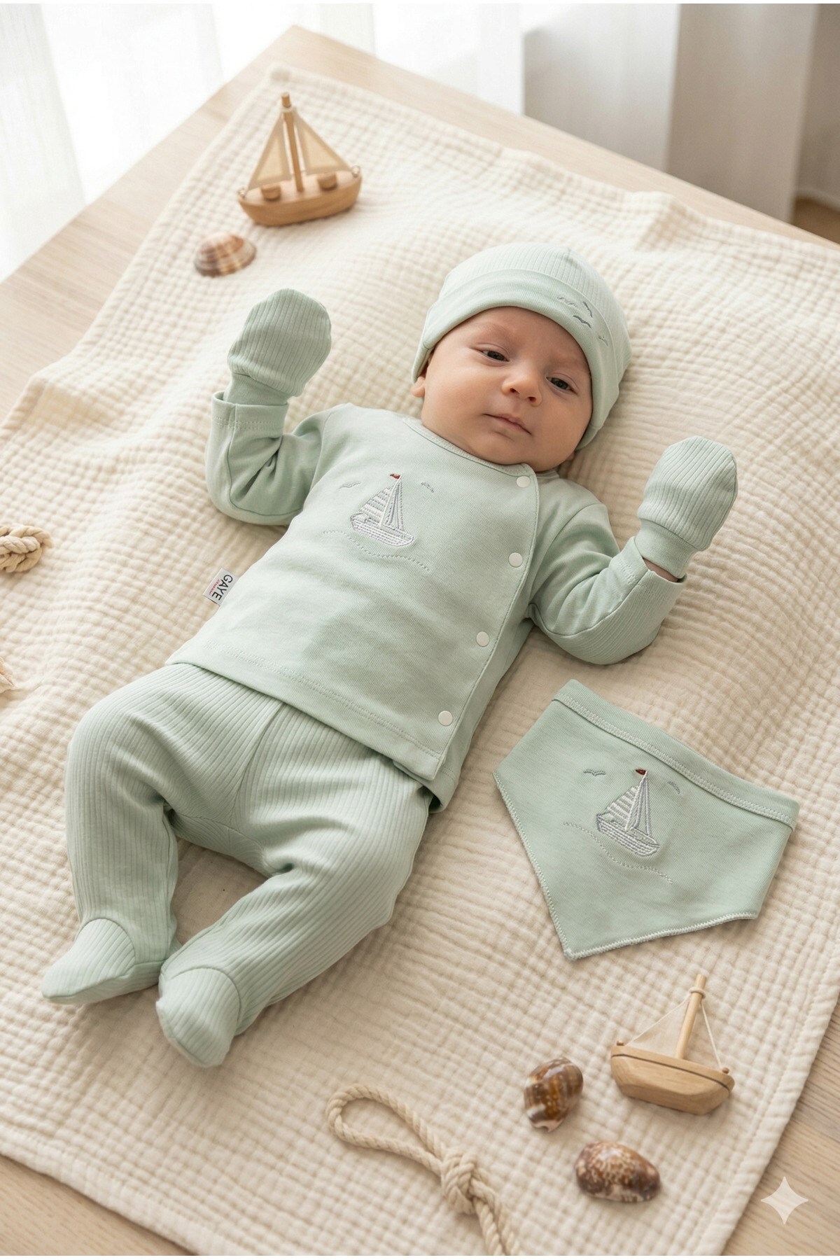 BABY BOY SHIP EMBROIDERED 100% COTTON 0-3 MONTHS NEWBORN HOSPITAL DELIVERY BODYSUIT SET OF 5