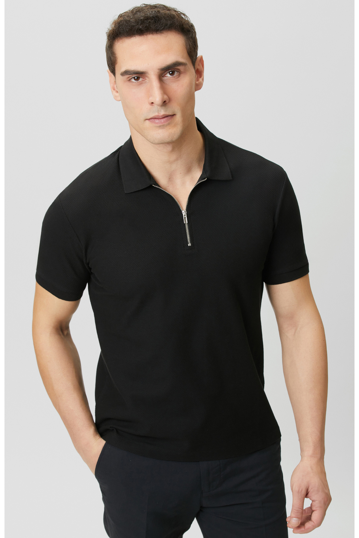 Slim Fit Black Polo Neck Jacquard Quilting T-shirt