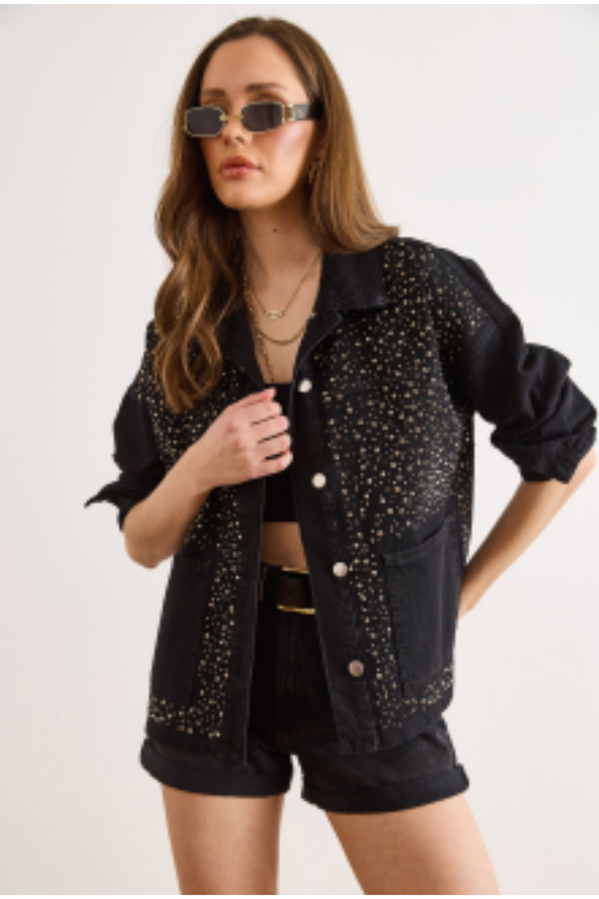 Olalook Kadın Siyah Serpme Taş Detaylı Cepli Pamuk Denim Ceket CKT-19000448 görsel 4