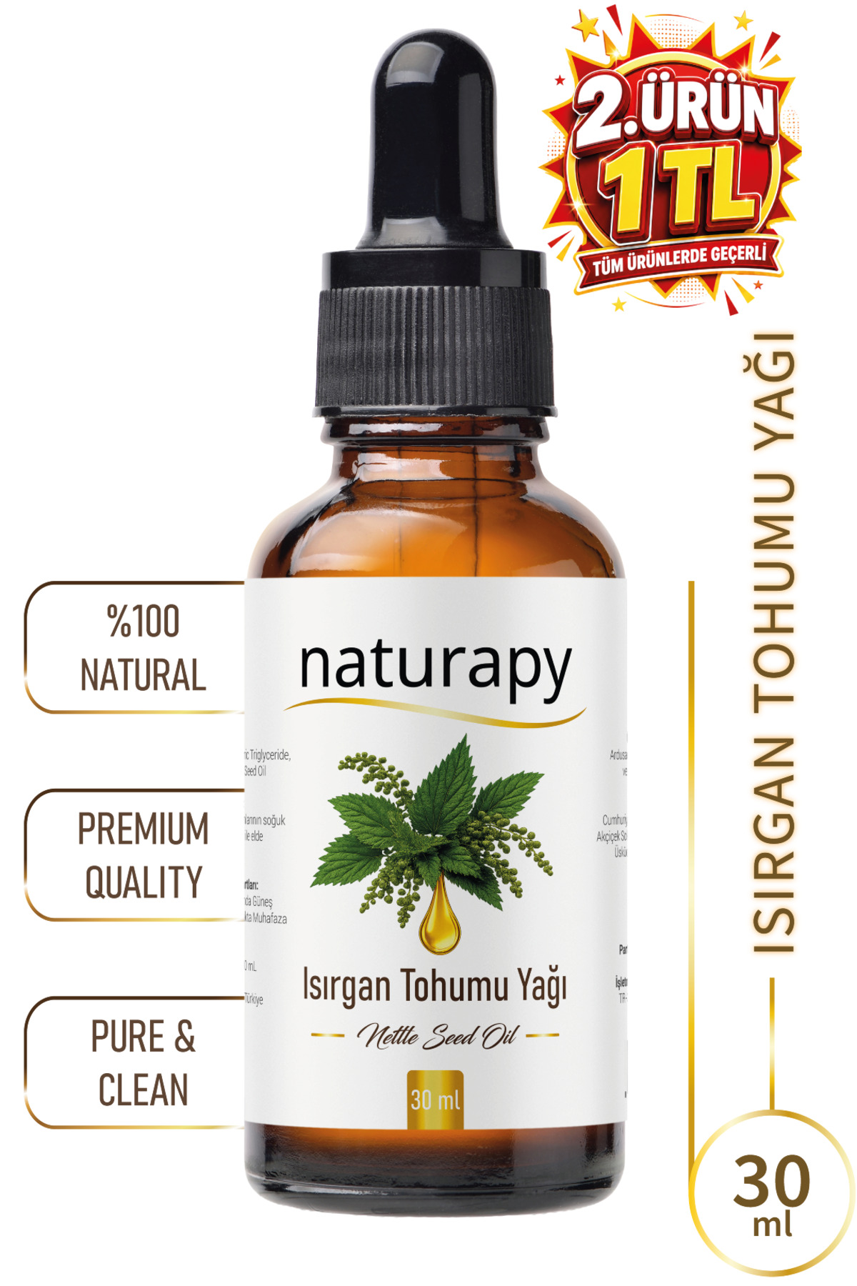 NATURAPY Isırgan Tohumu Yağı (Nettle Seed Oil) Soğuk Sıkım Sabit Yağ 30 ml Damlalıklı Cam Şişe — ISRGN30ML