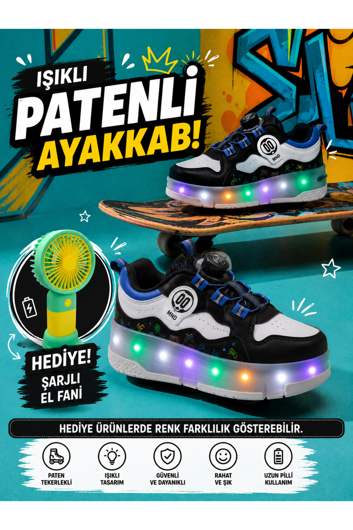 ILLUMINATED SKATED KIDS SHOES SMART LACE-UP SNEAKER WITH ON-OFF WHEELS