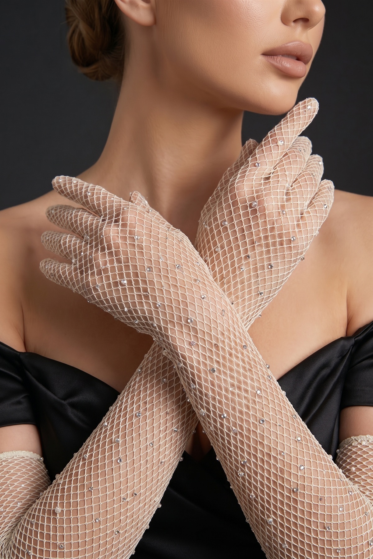 Elegance Scarf Uzun File Taşlı Eldiven Kırık Beyaz Nikah Abiye Davet Gece Söz Kına Nişan Mezuniyet görsel 3