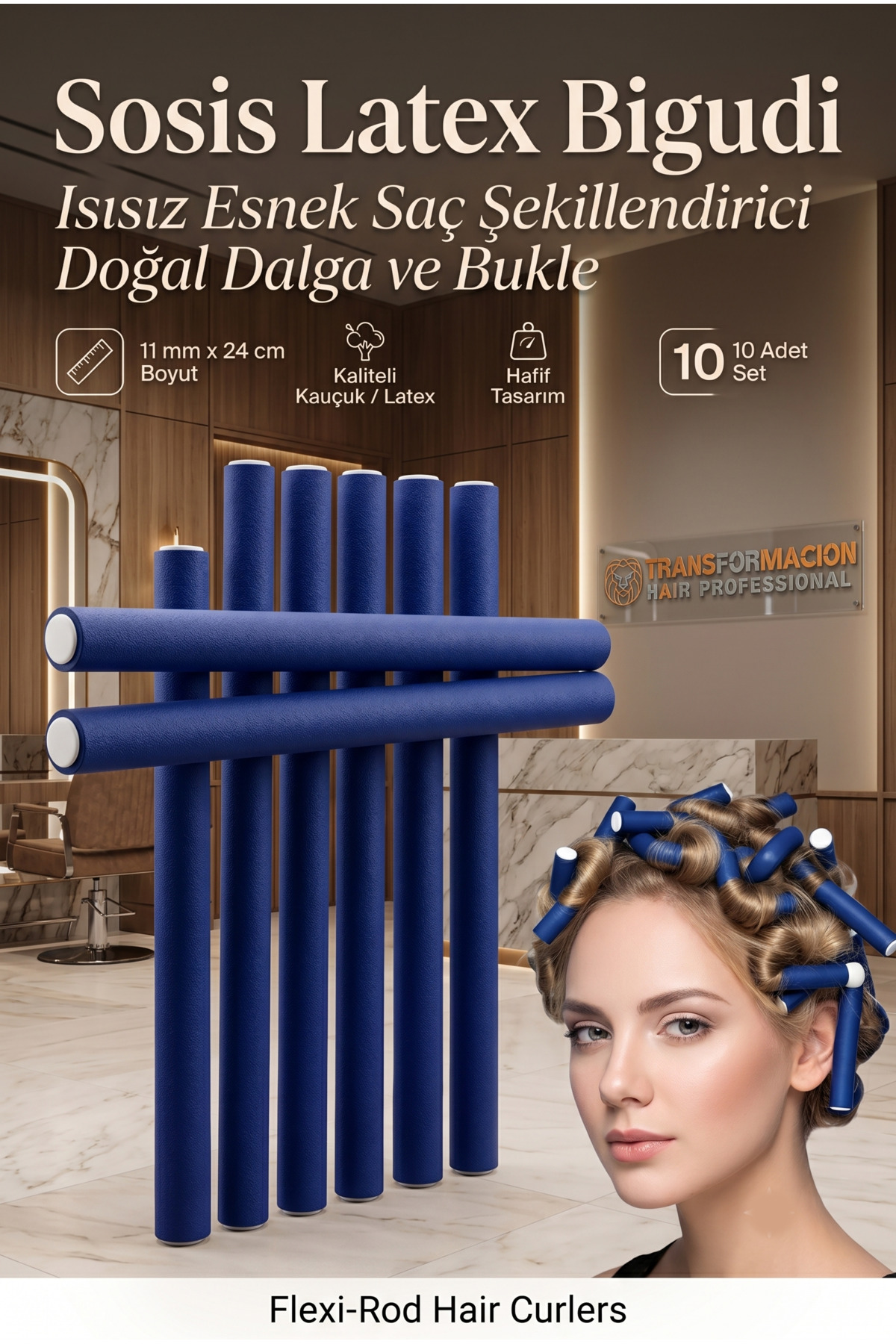 Transformacion 10'lu Sosis Bigudi Seti 11mm | Isısız Esnek Saç Şekillendirici | Doğal Dalga ve Bukle için Latex Köpük Bigudi 719268