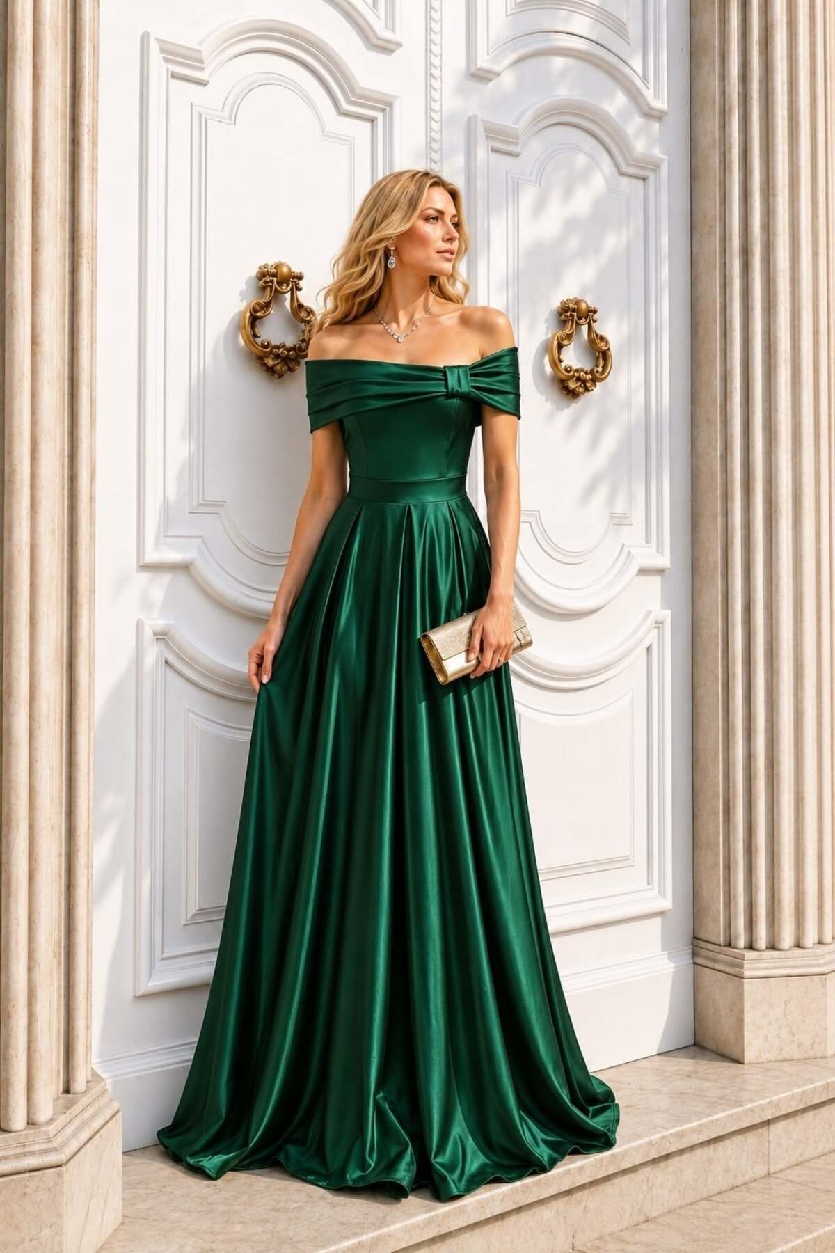 Modafeminen Emerald Off-Shoulder Satin Long Evening Gown 582611