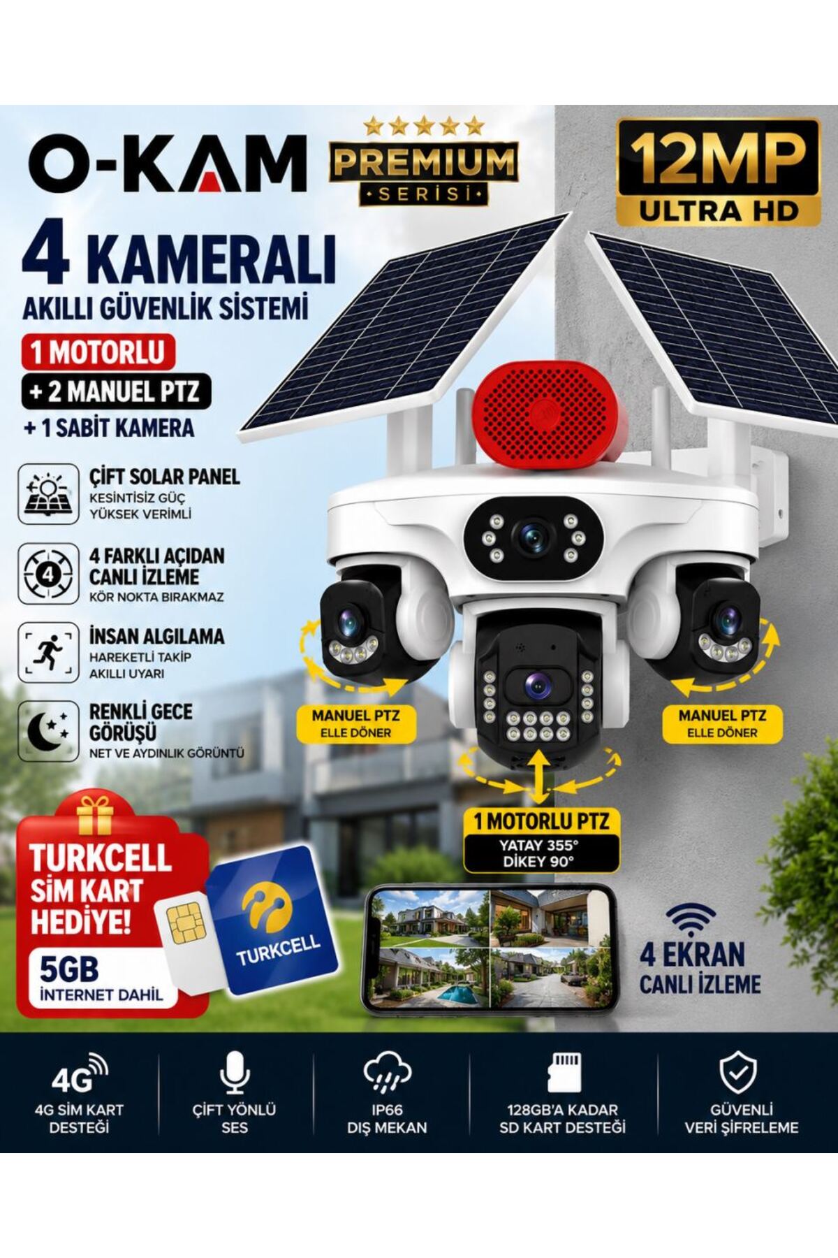 OK337B Premium 12MP 4 Camera 4G Dual Solar Panel AOV Night Vision Voice Talk Smart Camera Turkcell Sim Card