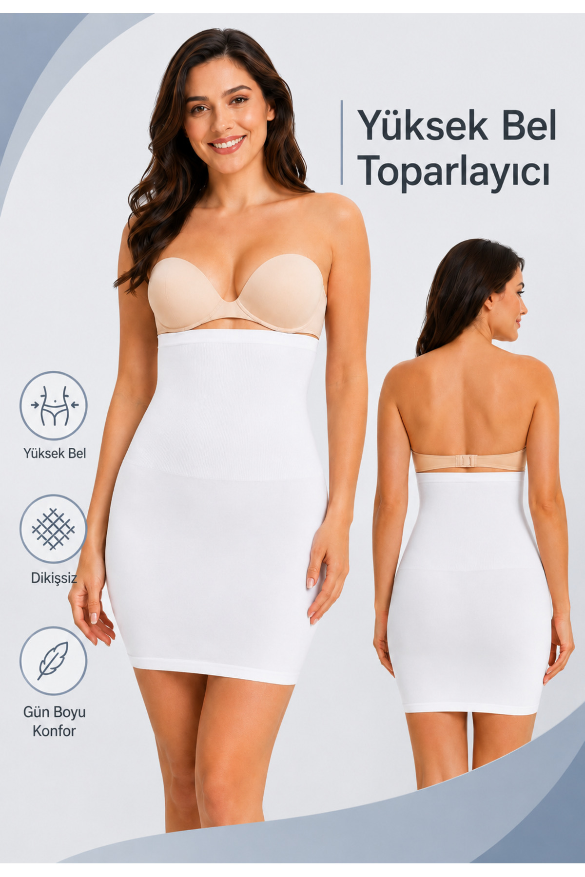 Formactive Kadın Yüksek Bel Jüpon Dikişsiz Korse Beyaz - Karın Kontrolü & Esnek Tasarım 1090