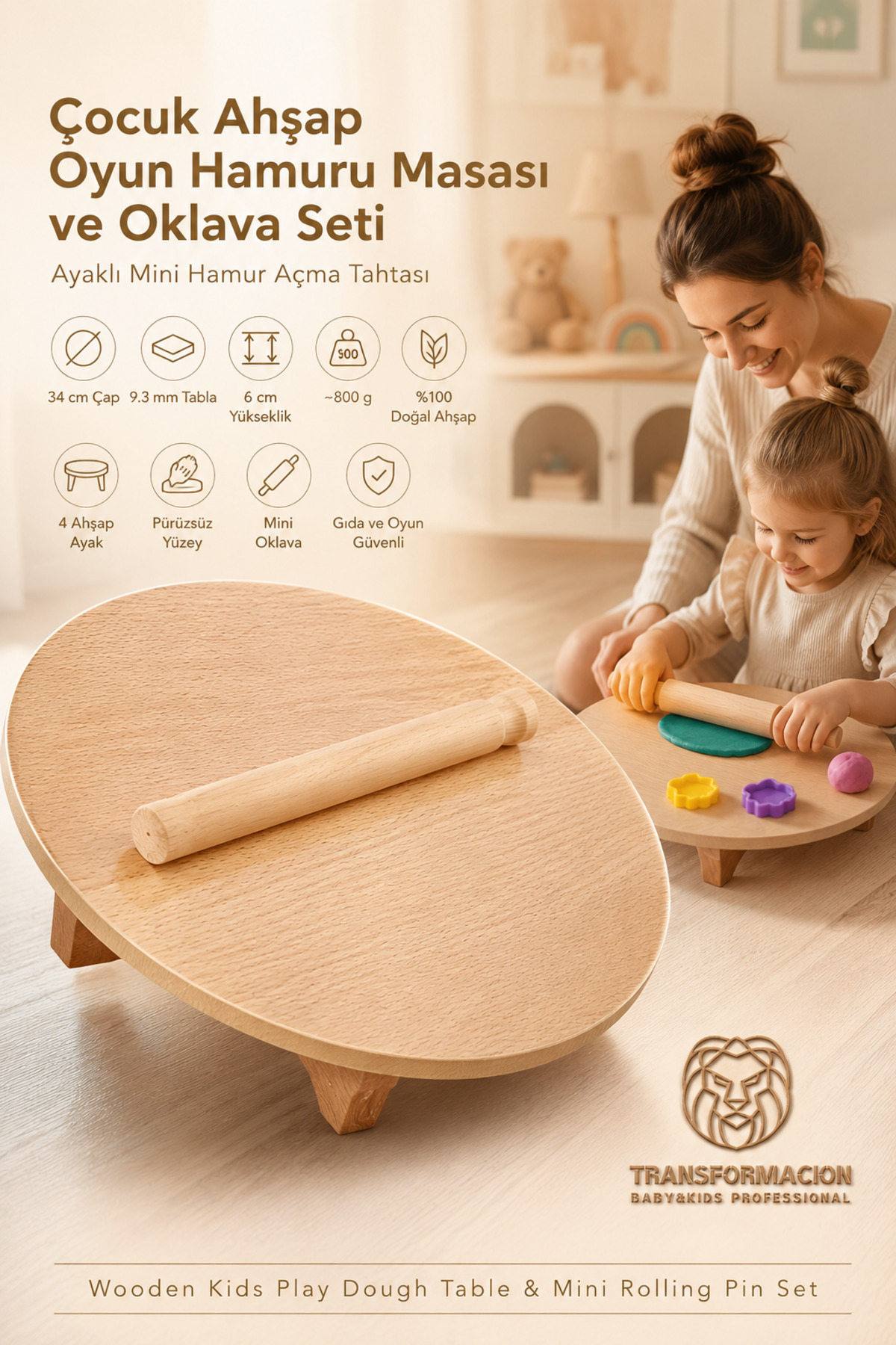 Transformacion Çocuk Ahşap Oyun Hamuru Masası ve Oklava Seti - 34 Cm Ayaklı Mini Hamur Açma Tahtası Montessori Eğitici Mutfak Aktivite Oyuncak Seti 714536