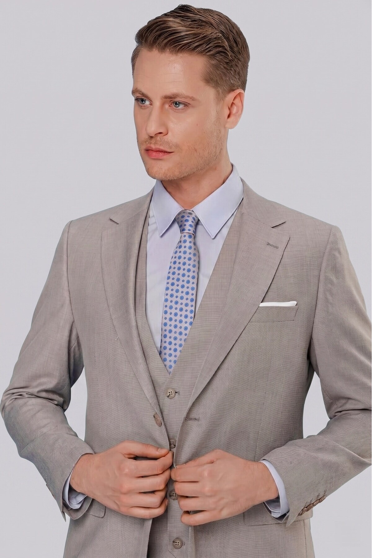 Erkek Slim Fit Mono Yaka Düz Gri Yelekli Takım Elbise TK 871 — خاکستری TK871Y1022 — تصویر 5 از 7