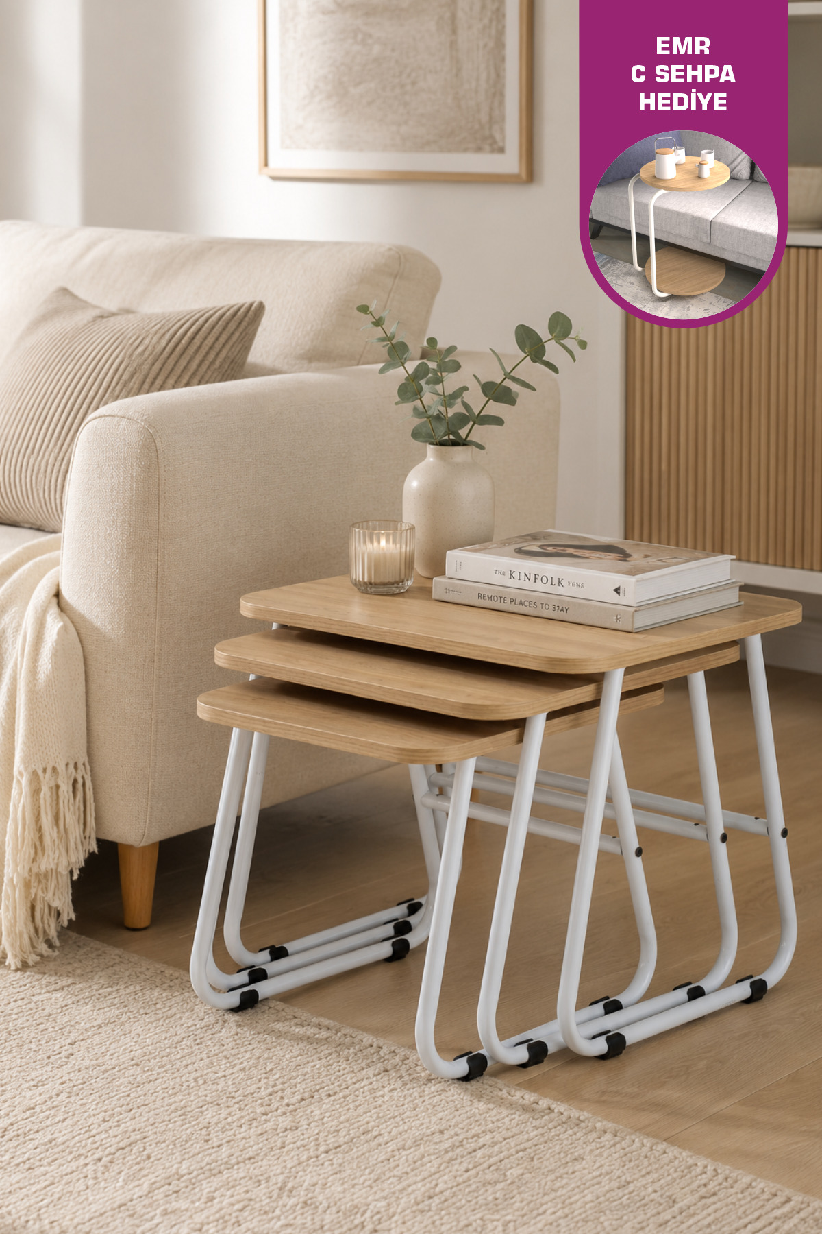 Zigana Multipurpose White Metal Leg 3-Piece Natural MDF Zigon Coffee Table