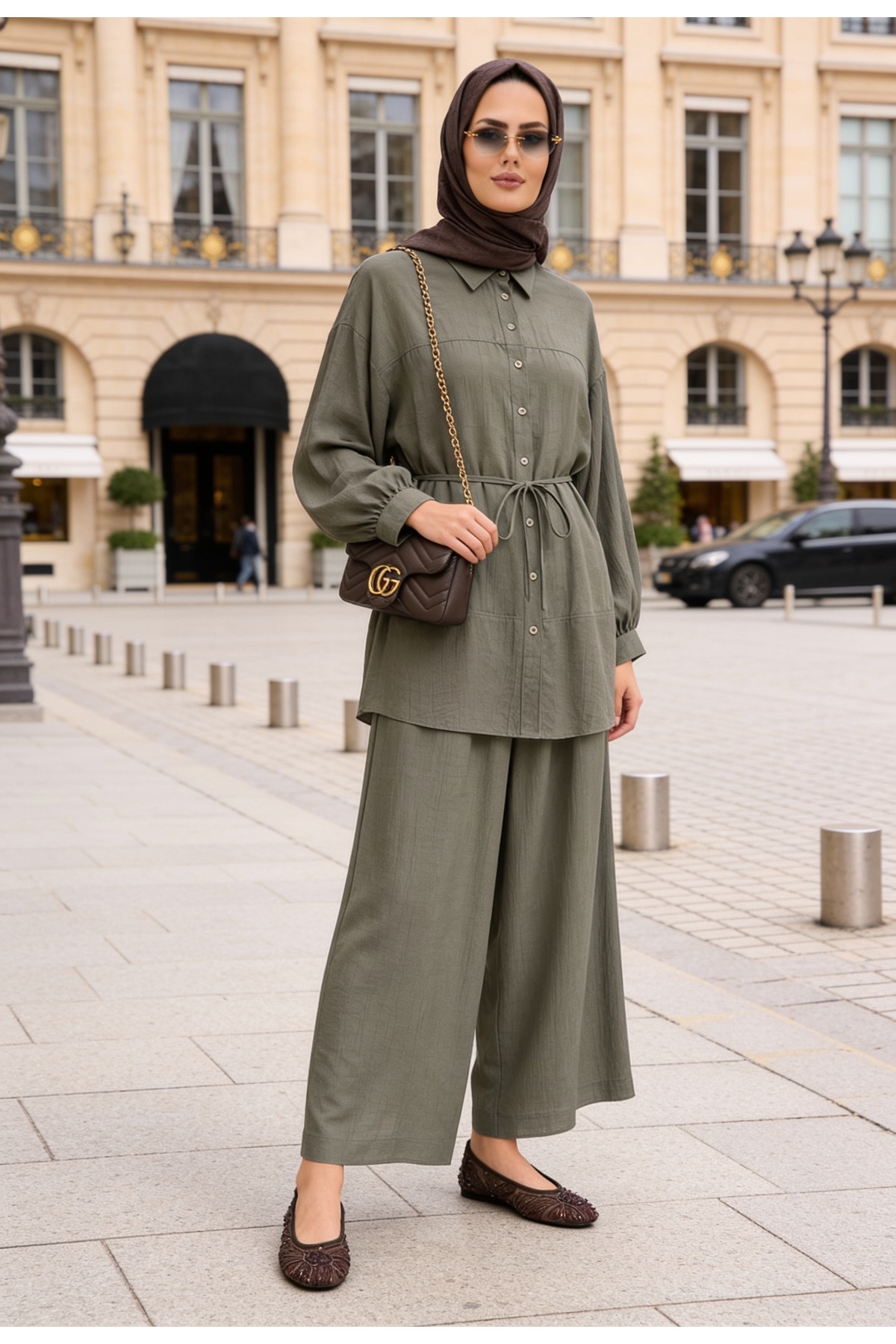 Aselim Hijap Moda Strawberry Linen Shirted Summer Women's Hijab Set - Comfortable Elegance with Pocketed Pants Green