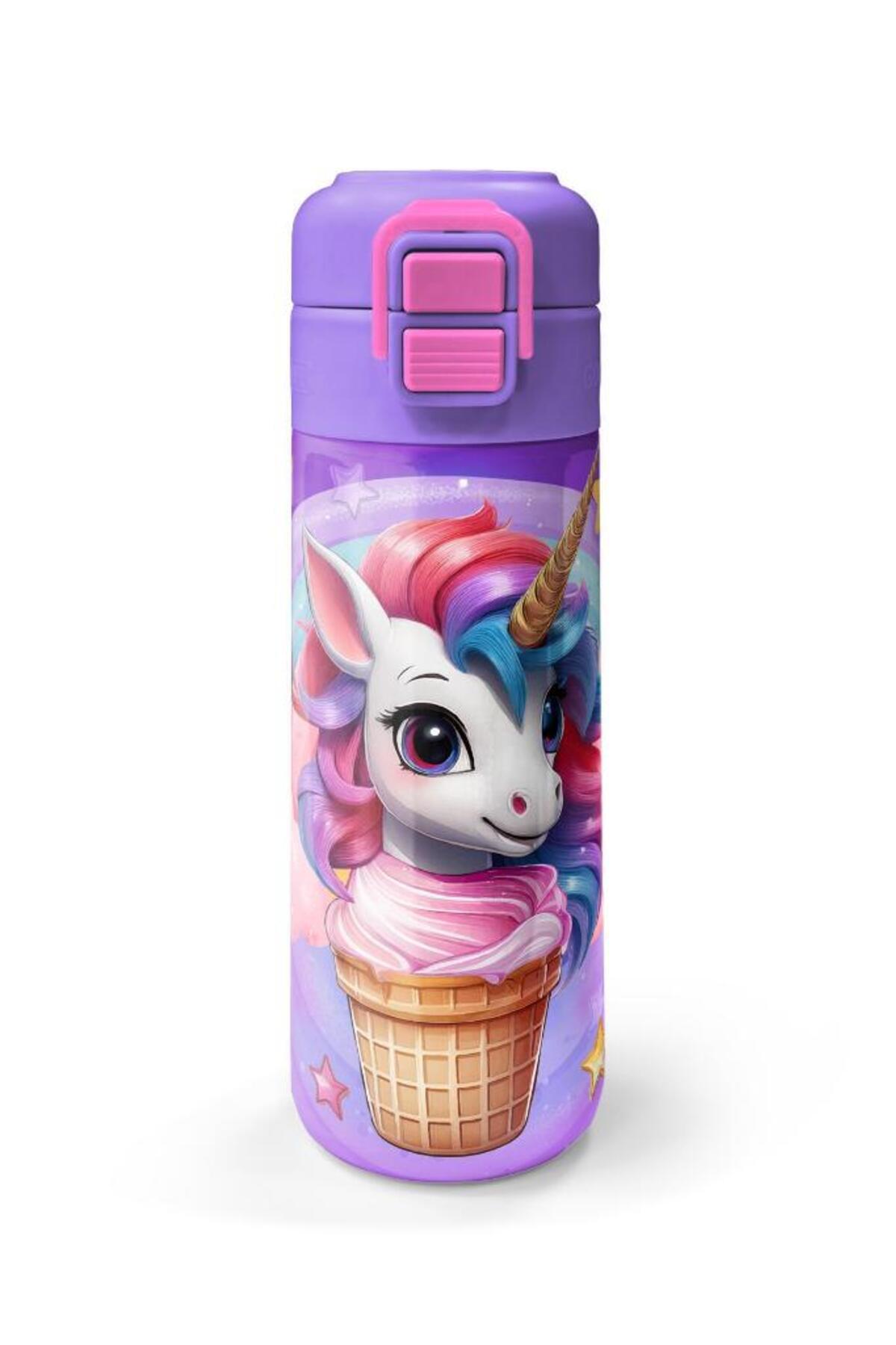 Kids Mor Pembe Unicorn Dondurma Desenli Pipetli ve Direkt İçim Çelik Termos 500 ml 31859