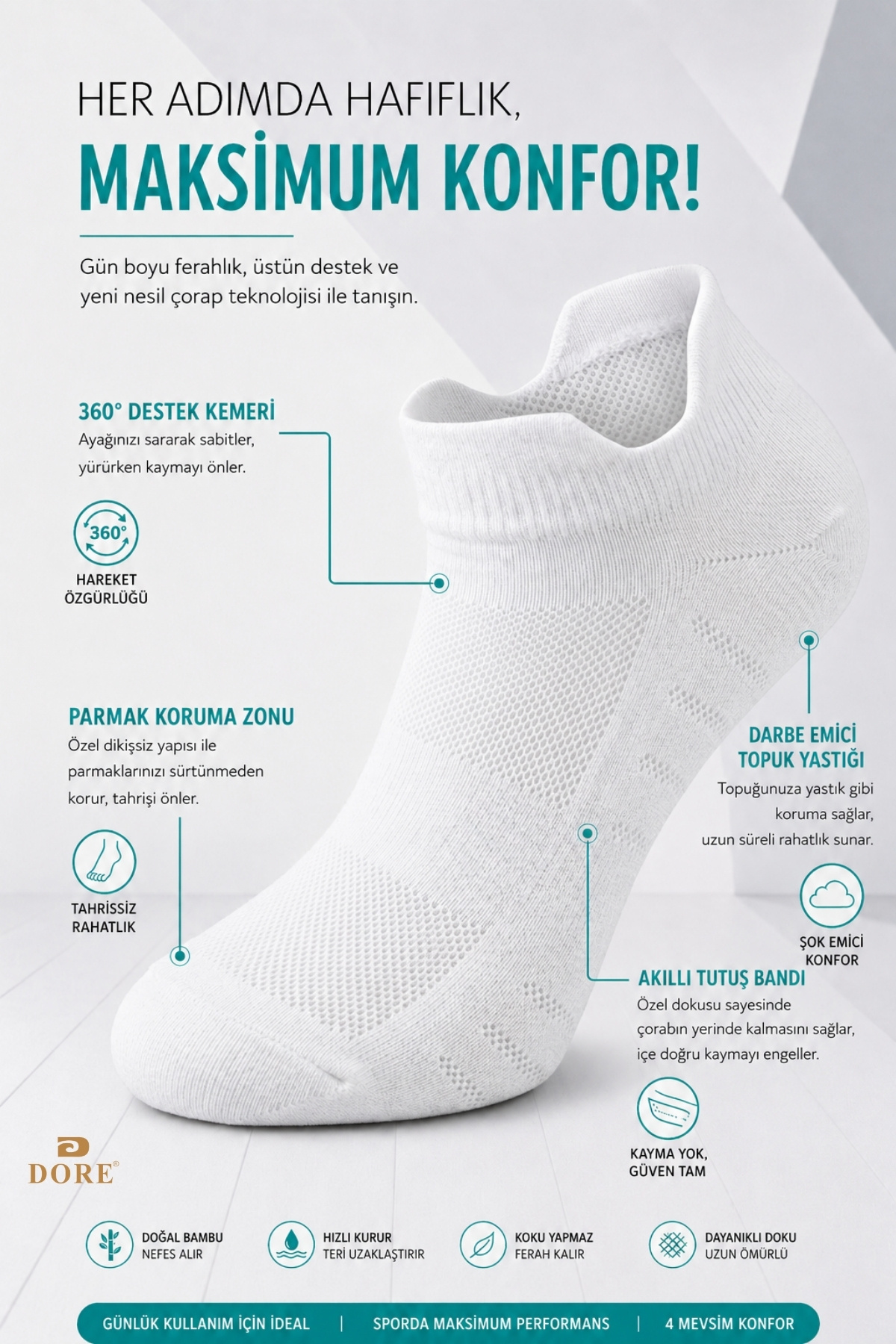 Dore Orijinal 3 Çift Unisex Kulaklı Ayakkabı Arkasını Vurmayan Konfor Modeli Ter Emici Nefes Alan 4 Mevsim Kullanım Özel Tasarım Bilek Boy Premium Pamuklu Günlük 3'lü Sneaker Spor Ayakkabı Çorabı görsel 3