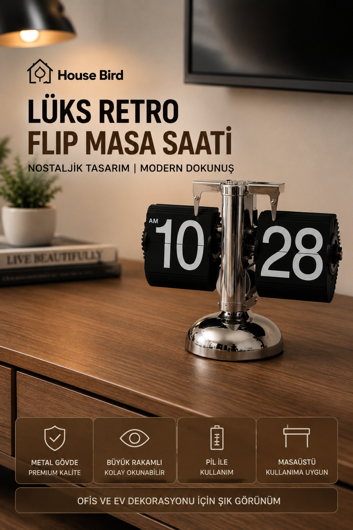 Lüks Retro Flip Masa Saati Pil Hediyeli Otomatik Mekanizmalı Metal Masaüstü Saat