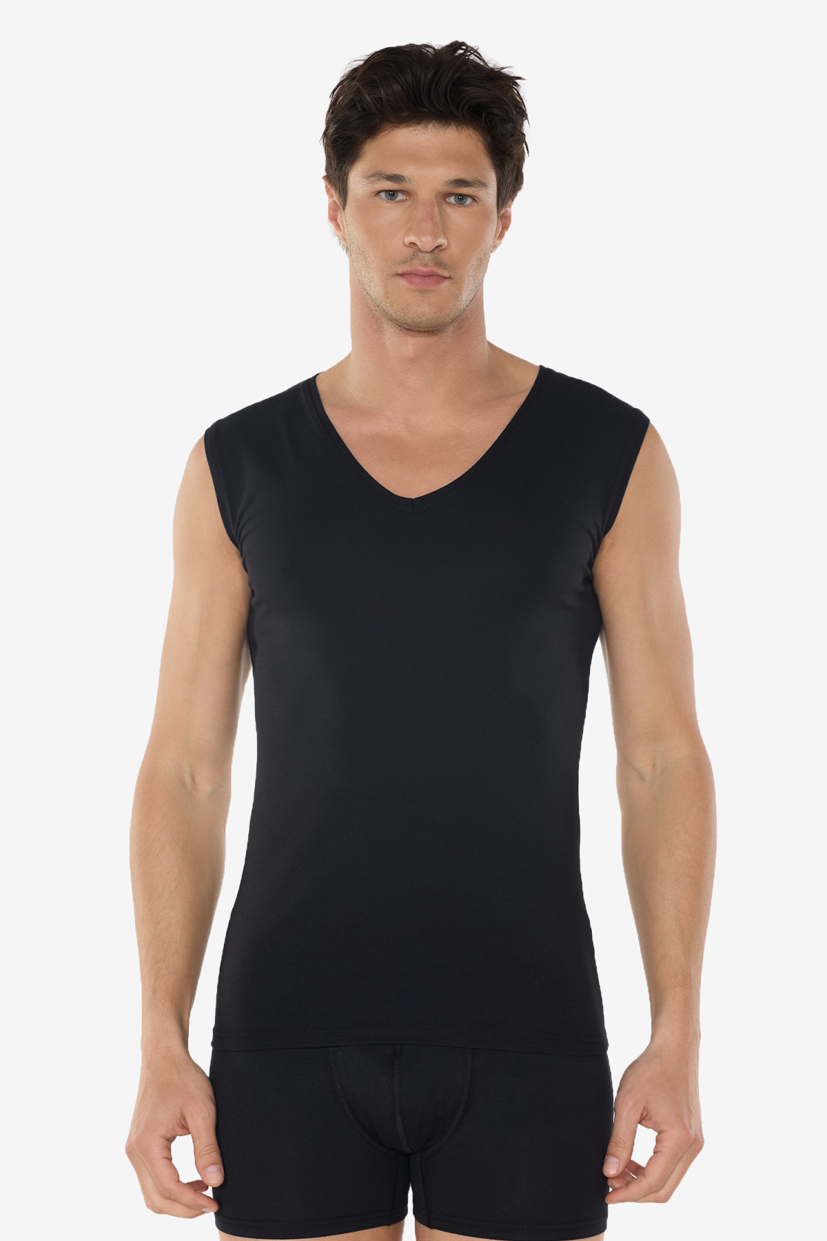 Men's Black V-Neck Trackless Modal Sleeveless Singlet 064