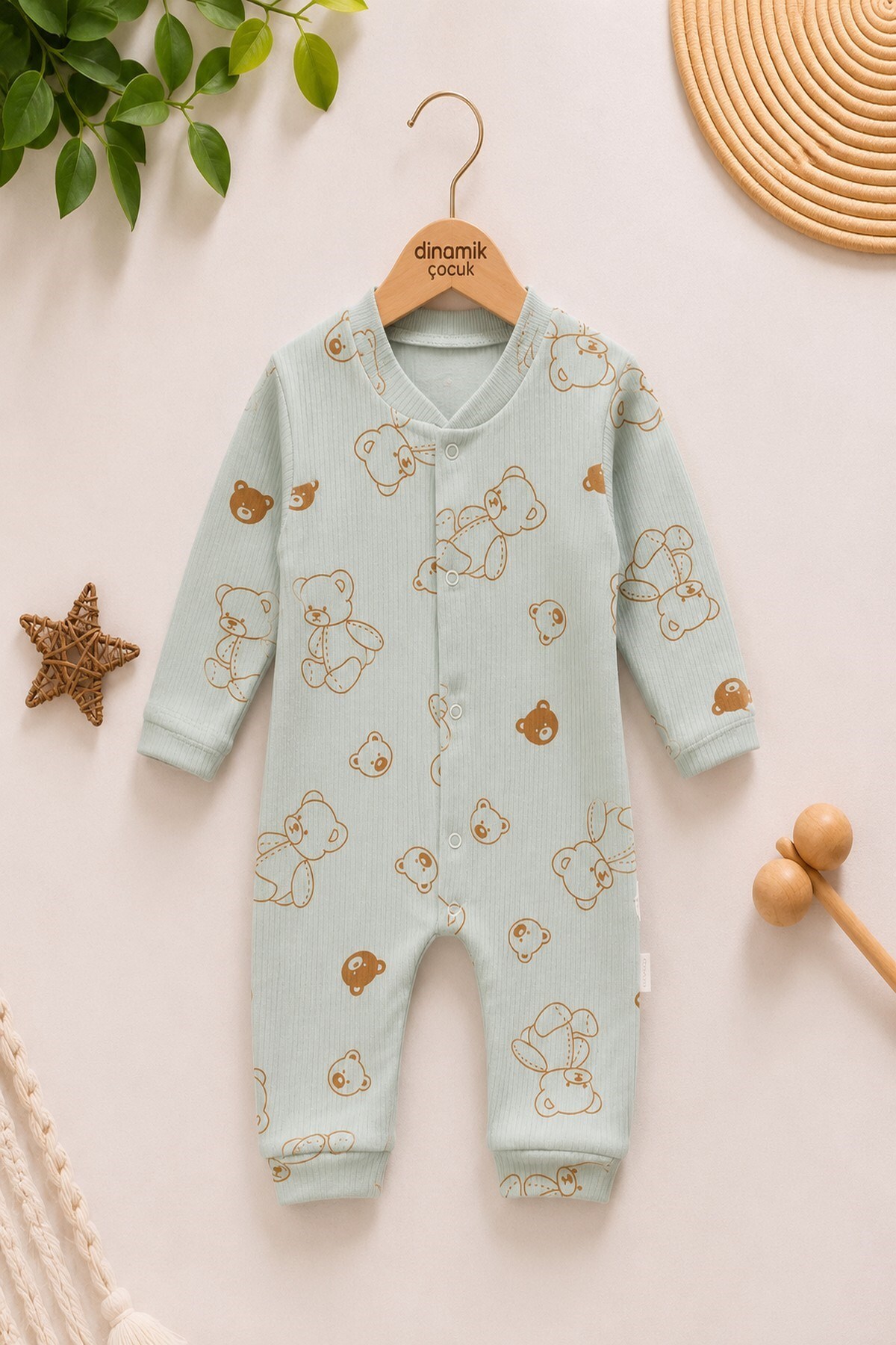 Unisex Baby Teddy Bear Printed Ribbed Fabric Snap Fastener Newborn Baby Jumpsuit 100% Cotton Flexible 1-3-6Month