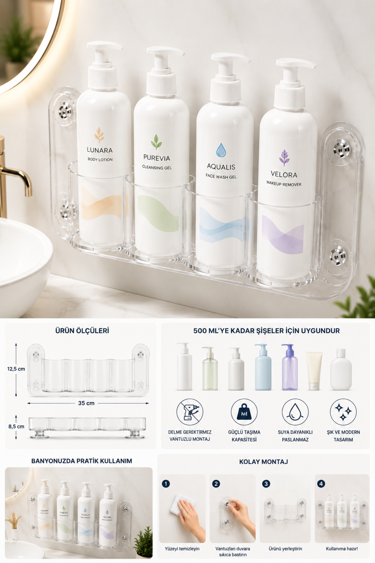 Suction Cup Bathroom Organizer Wall Shelf 4 Compartment Hand & Face Moisturizing Cream Organizer Shelf Cream Deodorant Organizer Organizer 500 ml