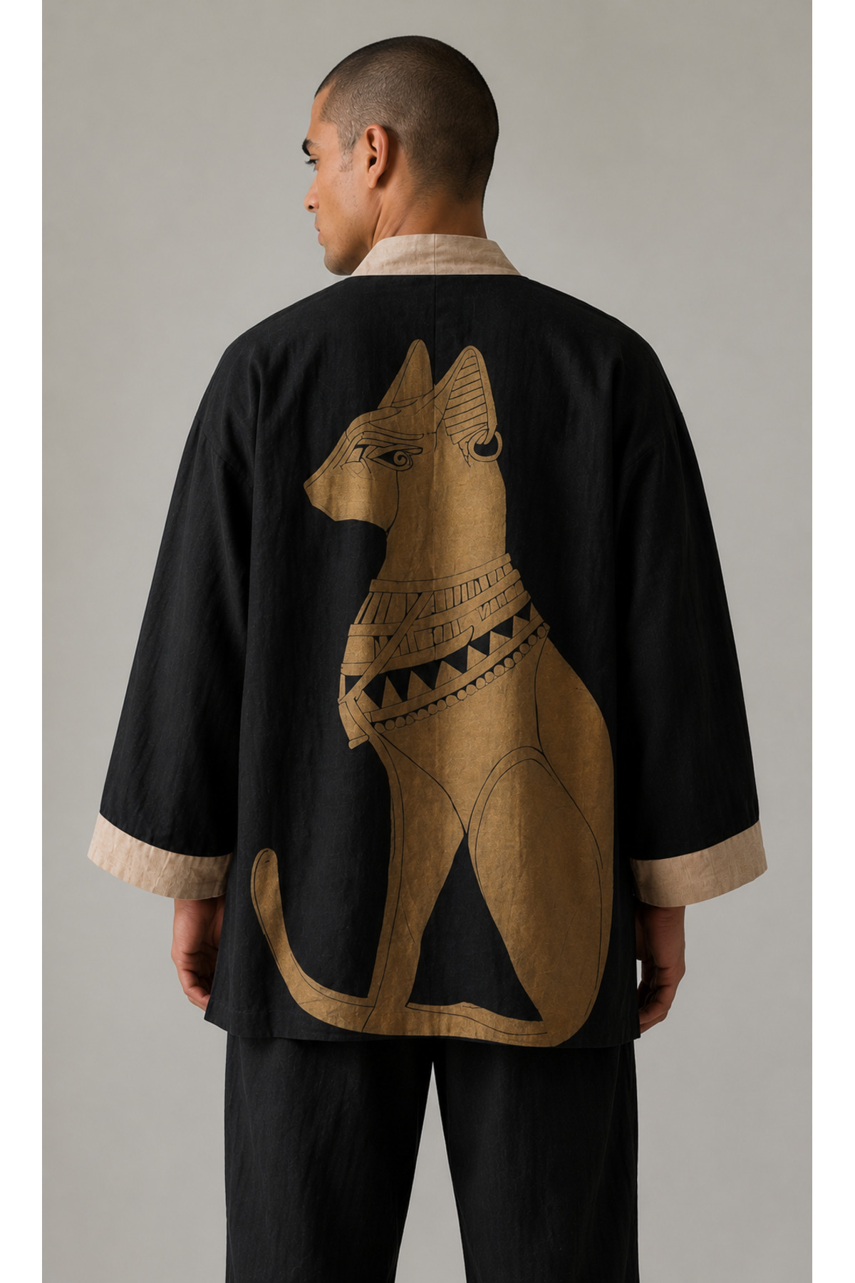 Büyük Antik Mısır Bastet Baskılı El yapımı Unisex Siyah Keten Kimono Kaftan — Siyah · Görünüm 5