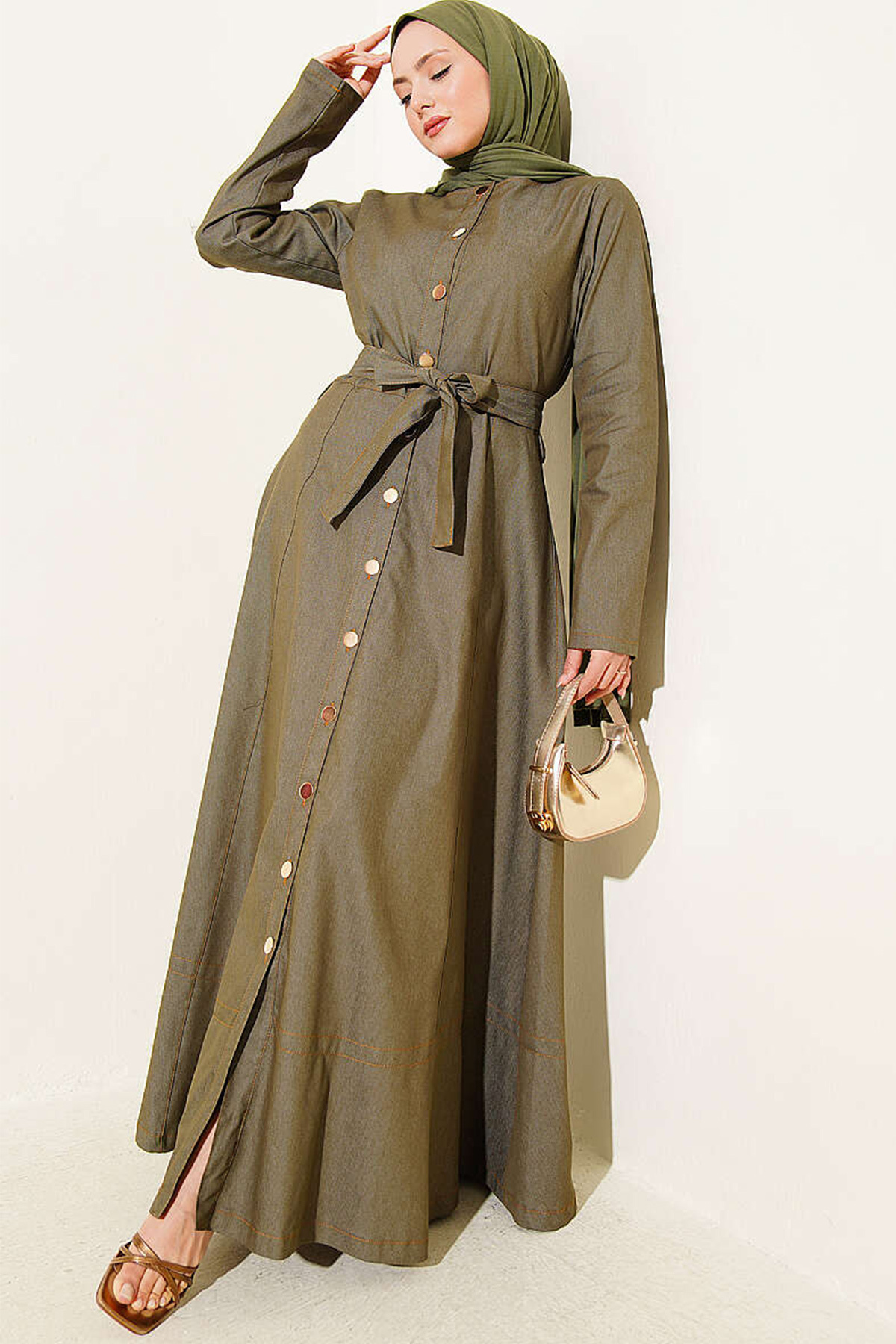 Bigdart Women's Belted Long Denim Dress 2595 - Khaki