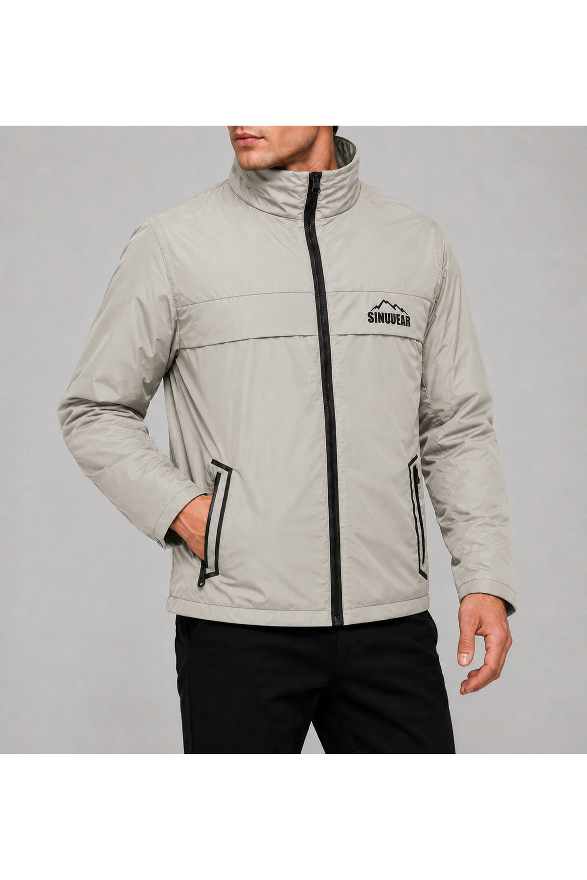 Sınwear Erkek Bej Baharlık Su ve Rüzgar Geçirmez Mont Dik Yaka Mevsimlik Fermuarlı Spor Outdoor Ceket görsel 5